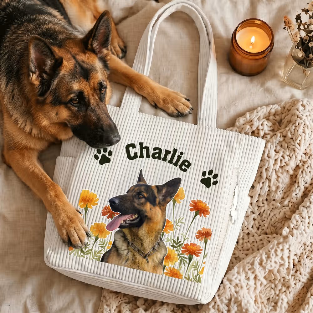 Bolso tote de pana personalizado con foto de mascota y flor de nacimiento: el accesorio definitivo para amantes de los animales