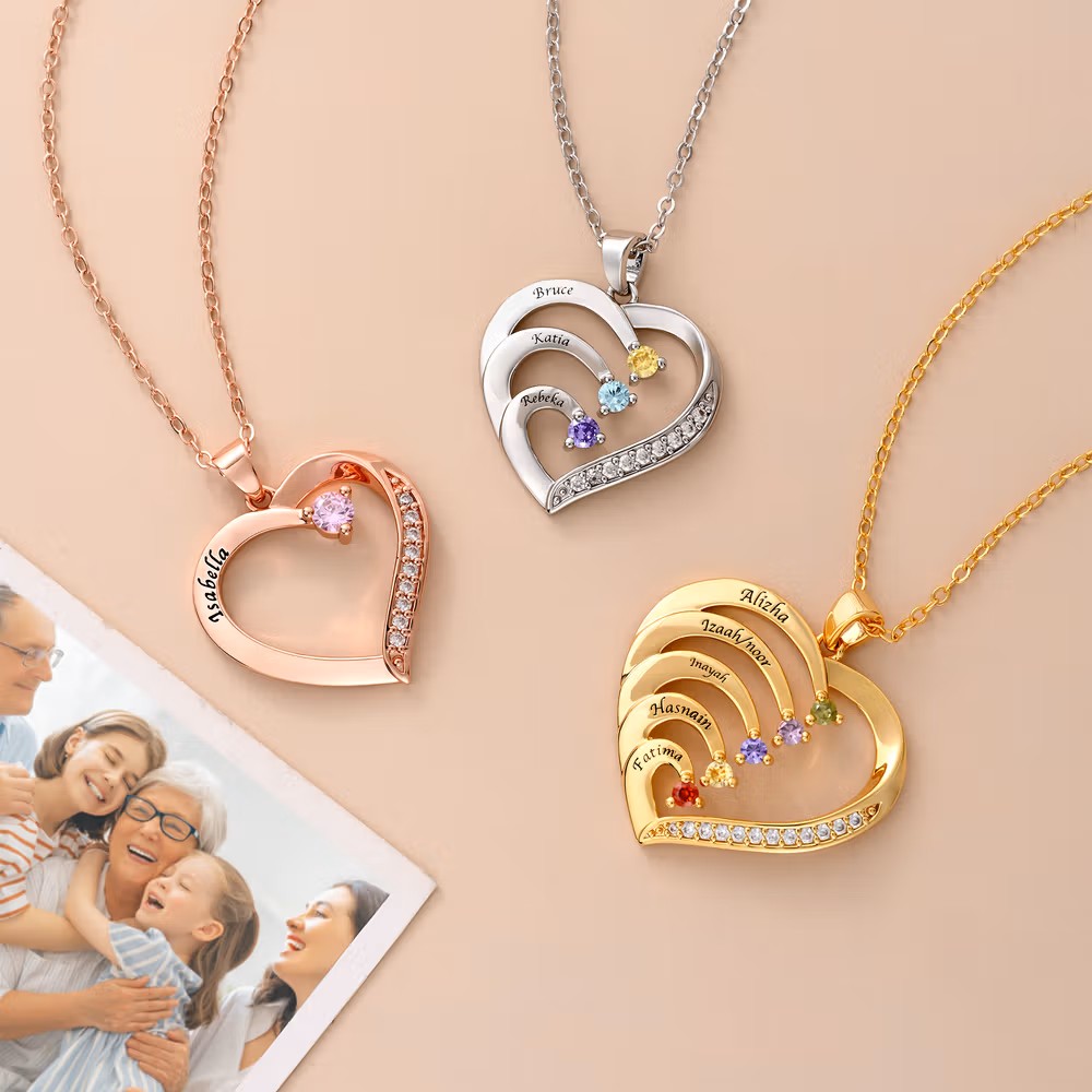 Amor eterno y familia: Collar personalizado en forma de corazón con nombres y piedras de nacimiento