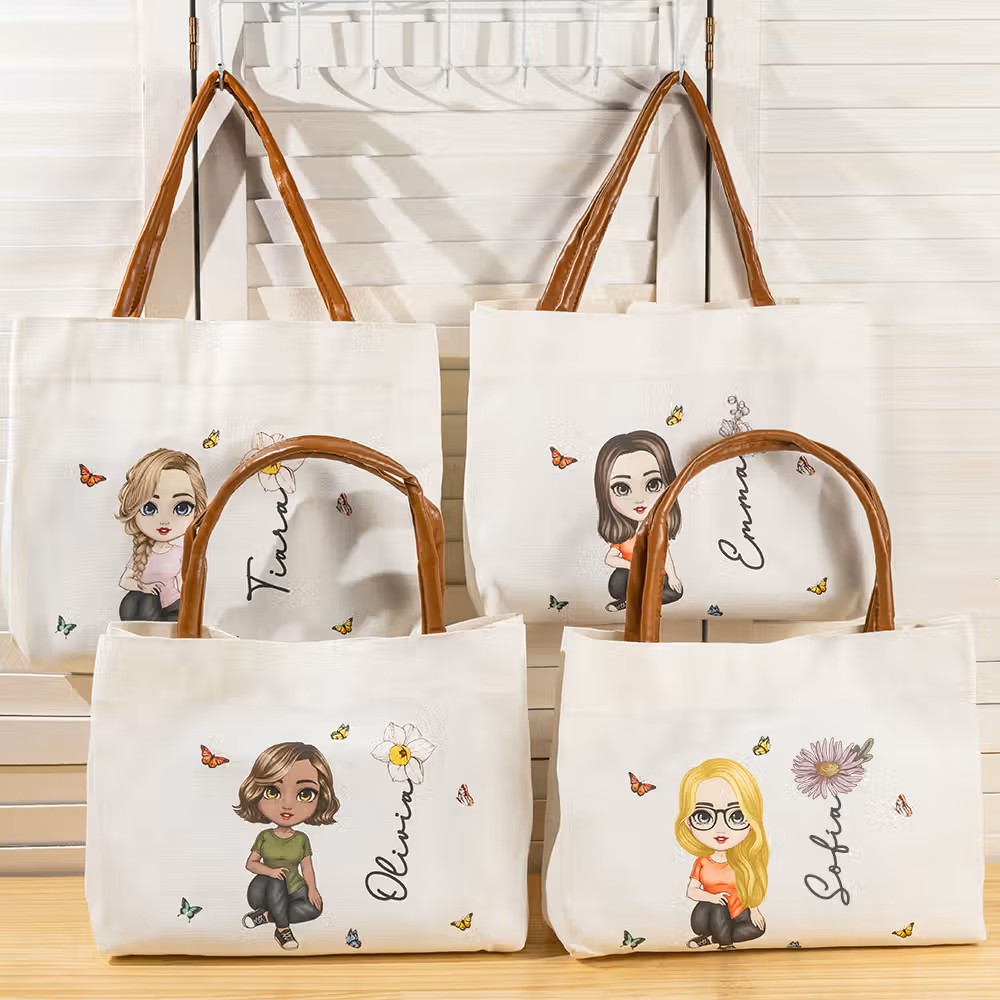 Estilo, practicidad y toque personal: Bolsa de lona personalizada con avatar de dibujos animados y flor de nacimiento