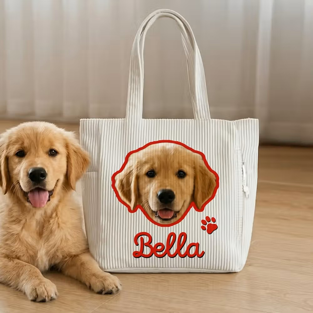 Calidez, textura y amor peludo: Bolsa tote de pana de gran capacidad personalizada con foto de mascota y nombre