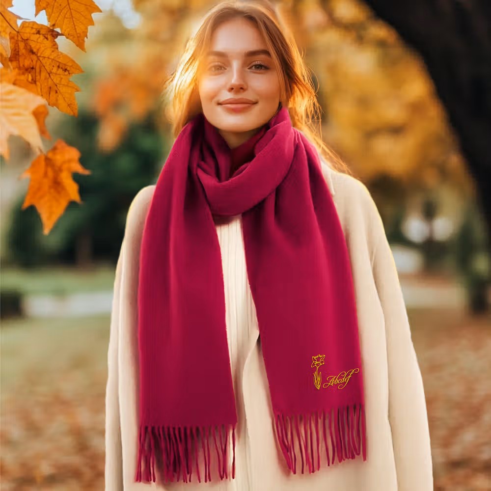 Calidez, distinción y naturaleza: Bufanda personalizada suave y cálida con flor de nacimiento y texto bordados