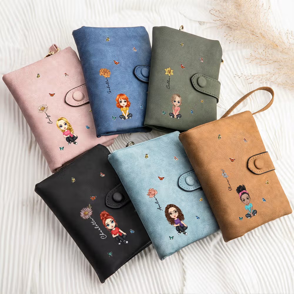 Estilo y organización a tu medida: Cartera de muñeca de cuero personalizada con dibujo tríptica y ranuras para tarjetas