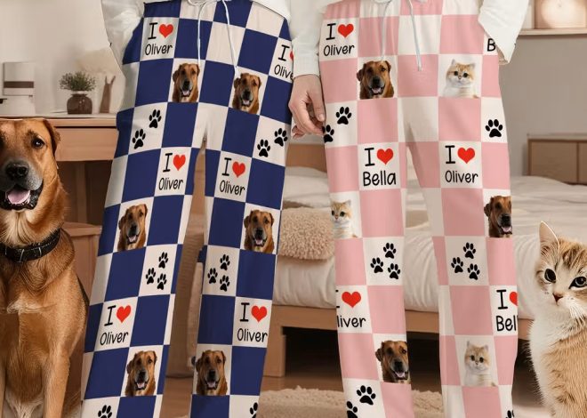 Comodidad y diversión en casa: Pantalones largos de pijama personalizados con huellas y fotos de mascotas