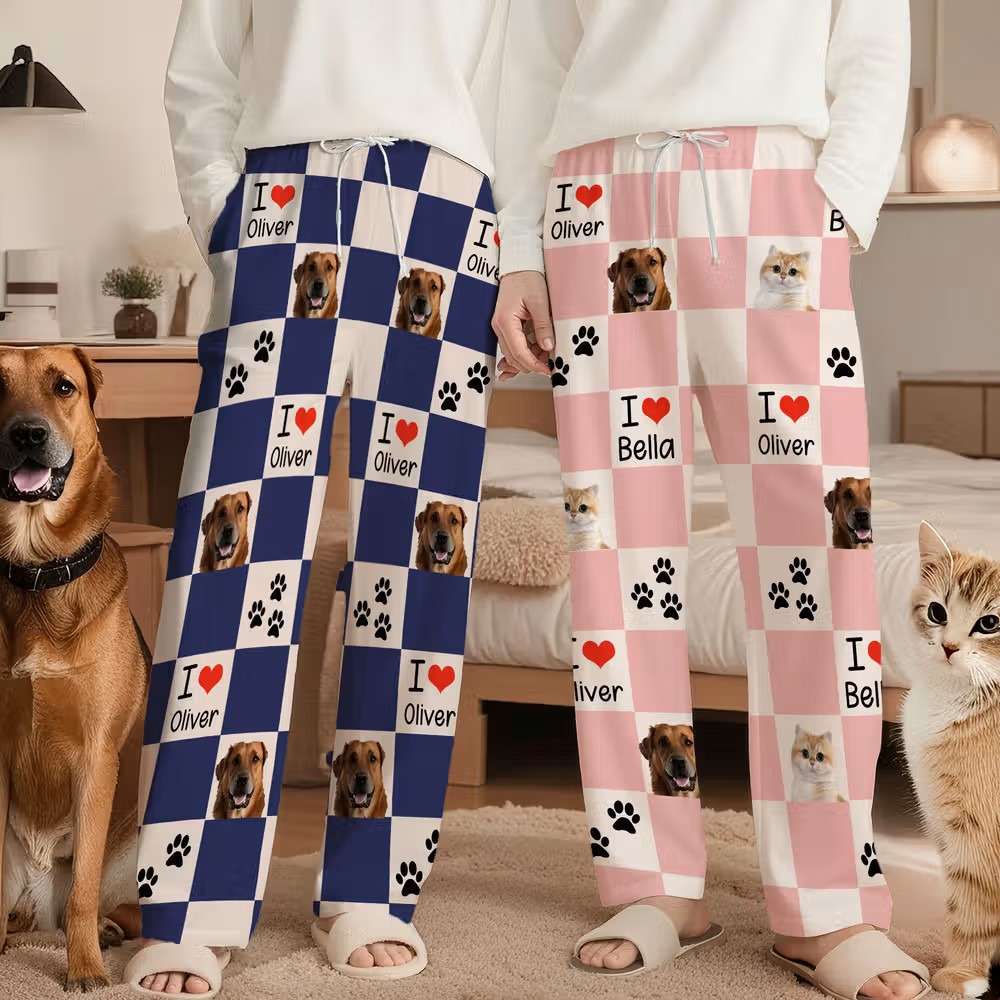 Comodidad y diversión en casa: Pantalones largos de pijama personalizados con huellas y fotos de mascotas