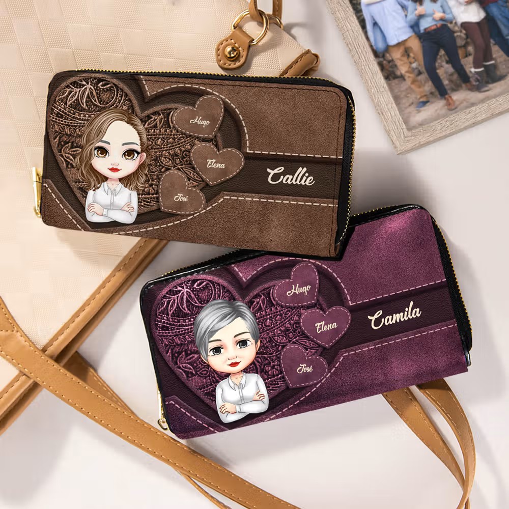 Cartera larga personalizada de cuero PU con nombres y personajes animados: Estilo retro y organización para mamá