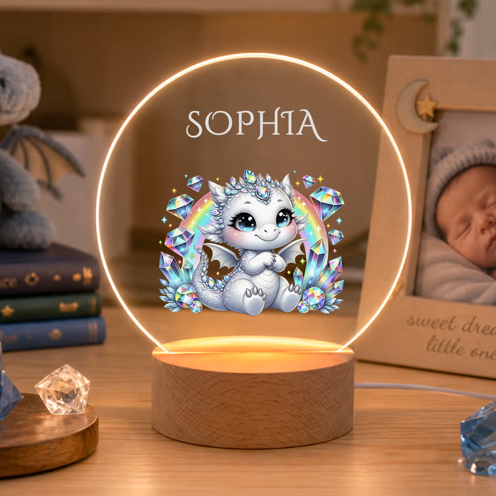 Lámpara de noche LED acrílica personalizada con piedra natal, dragón, nombre y base de madera; decoración para el dormitorio; regalo para baby shower o cumpleaños para niños amantes de los dragones