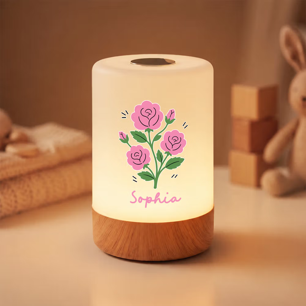 Luz nocturna recargable con control táctil y regulador de intensidad, personalizada con la flor del mes de nacimiento y el nombre, con colores ajustables; decoración para el dormitorio y regalo de cum