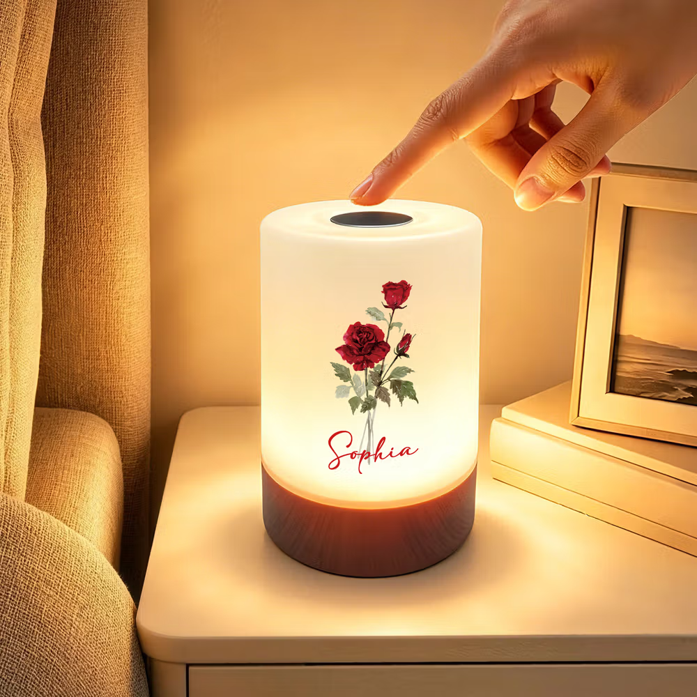Luz nocturna personalizada con flor del mes de nacimiento, intensidad regulable, colores ajustables, control táctil, con nombre y mando a distancia; decoración para el dormitorio; regalo de cumpleaños