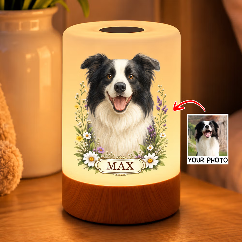 Luz nocturna LED con mando a distancia táctil y regulable de intensidad, con foto personalizada de tu mascota en acuarela, su nombre y colores de luz ajustables. Regalo de Navidad para dueños de masco