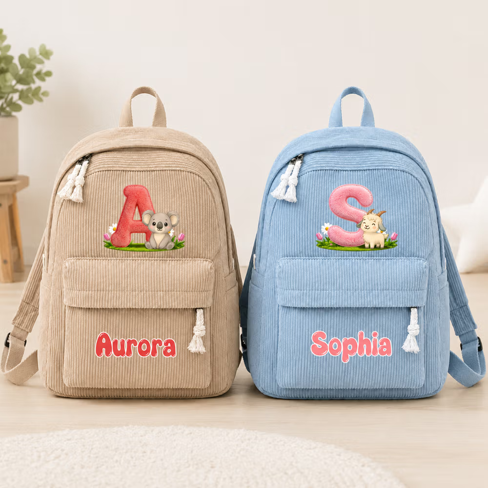 Mochila personalizada de pana multicolor con iniciales de animales de dibujos animados y nombre; ideal para el uso diario, como regalo de cumpleaños o para la vuelta al cole, para niños pequeños