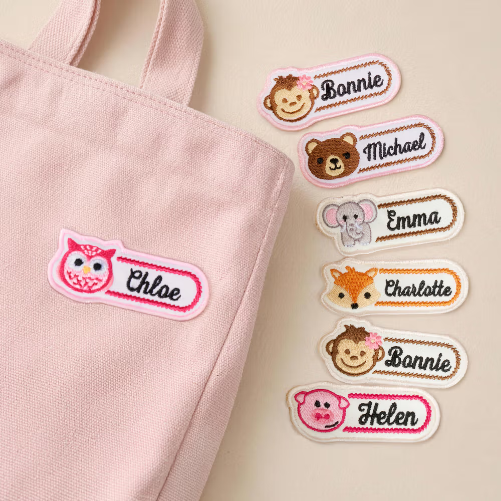 Juego de 2 piezas de decoración para ropa y bolsas: parches personalizados con animales de dibujos animados bordados, 100 % algodón, con nombre; regalo de vuelta al cole y de cumpleaños para niños