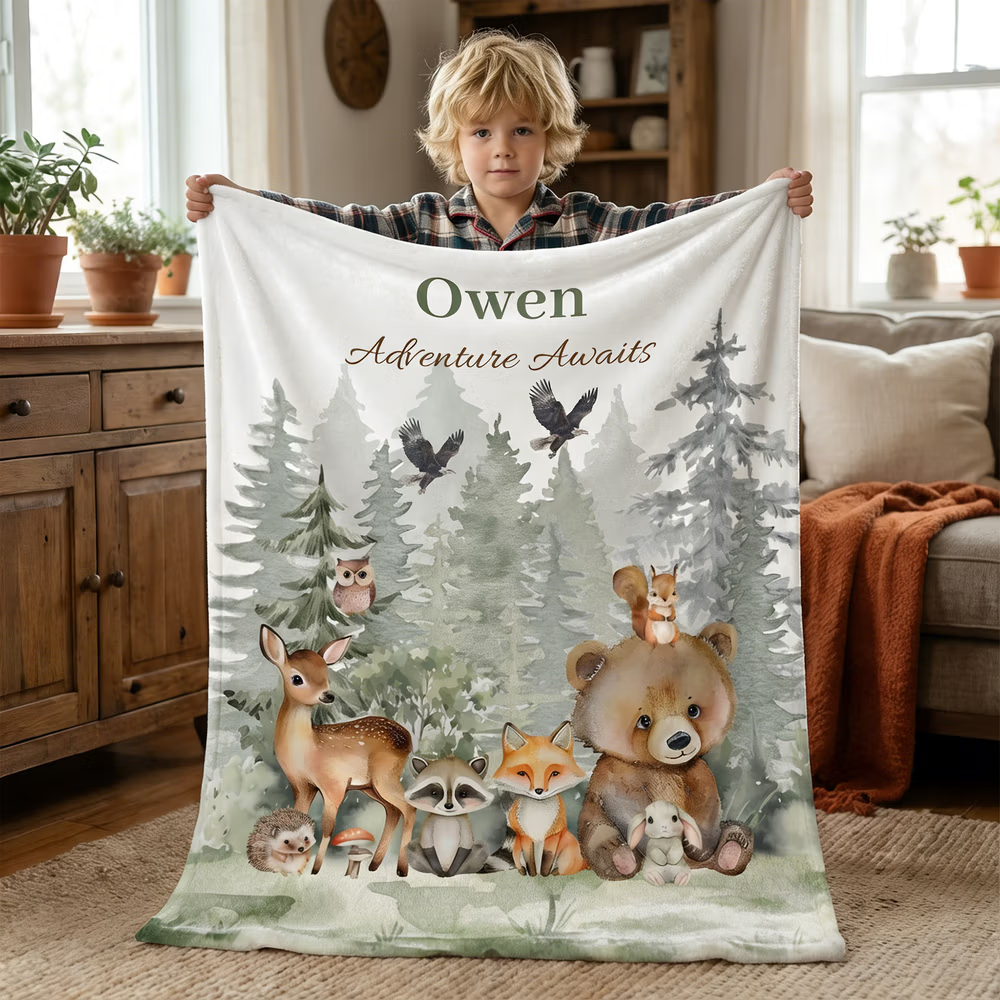 Acuarela Personalizada Animales del Bosque Manta Suave con Nombre y Texto Decoración del Hogar Regalo de Cumpleaños para Niños