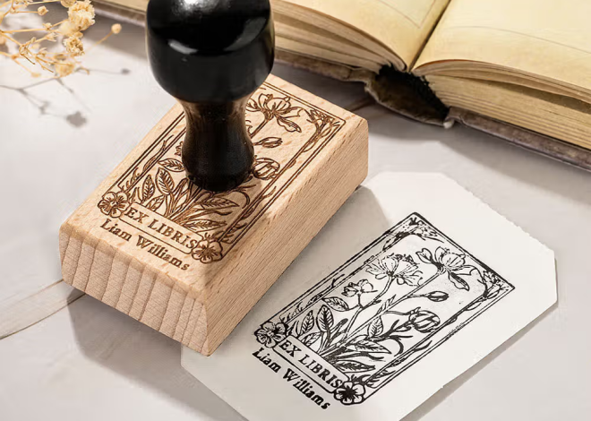 El toque perfecto para tu biblioteca: Sello de caucho de madera personalizado Vintage Ex Libris Floral