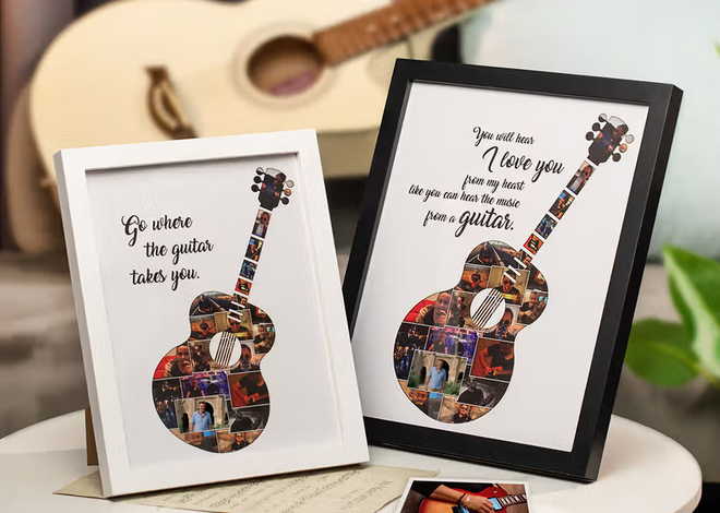 Armonía y recuerdos: Cuadro personalizado con collage de fotos en forma de guitarra y texto para amantes de la música