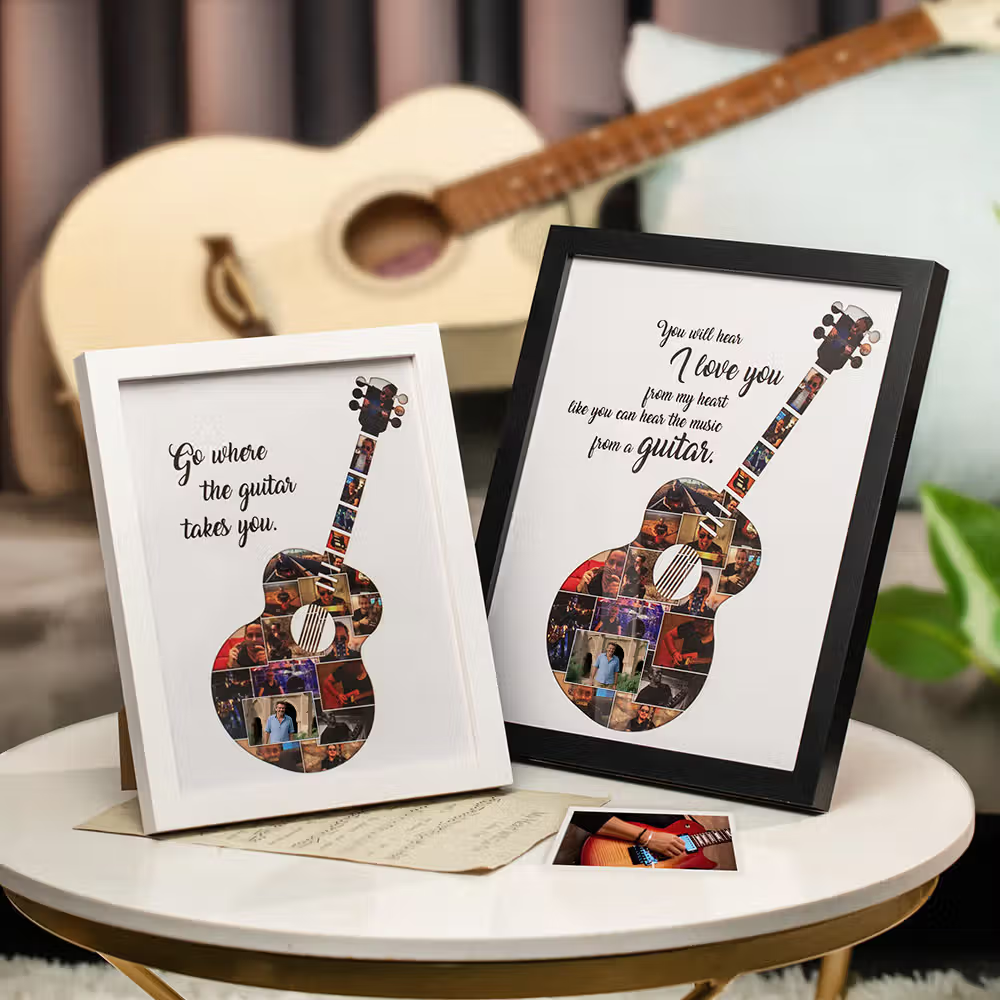Armonía y recuerdos: Cuadro personalizado con collage de fotos en forma de guitarra y texto para amantes de la música
