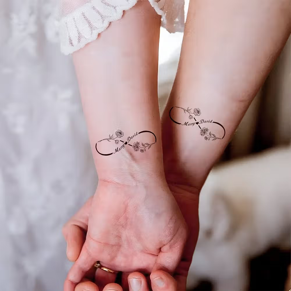 El lenguaje del amor eterno: Tatuajes temporales personalizados con flor de nacimiento, símbolo de infinito y 2 nombres