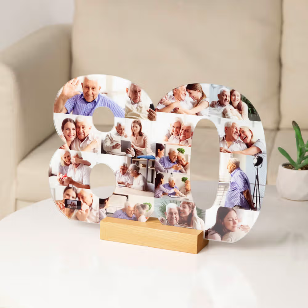 Recuerdos eternos que iluminan el hogar: El collage de fotos acrílicas con número personalizado y soporte para momentos inolvidables