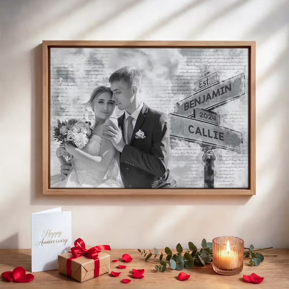 Un instante eterno en blanco y negro: Lienzo personalizado con foto, nombres y año para parejas