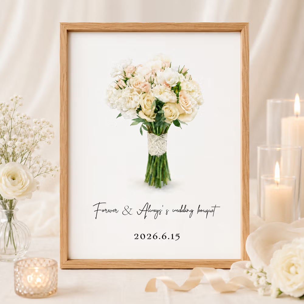 Un recuerdo floral eterno en las paredes del hogar: Cuadro en lienzo personalizado con foto del ramo de novia al estilo acuarela