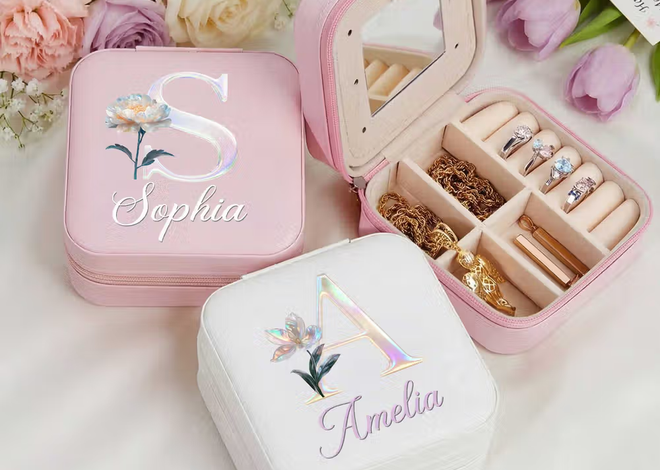 Un refugio de elegancia e historia personal: Joyero personalizado de piel sintética con efecto madreperla y flor de nacimiento