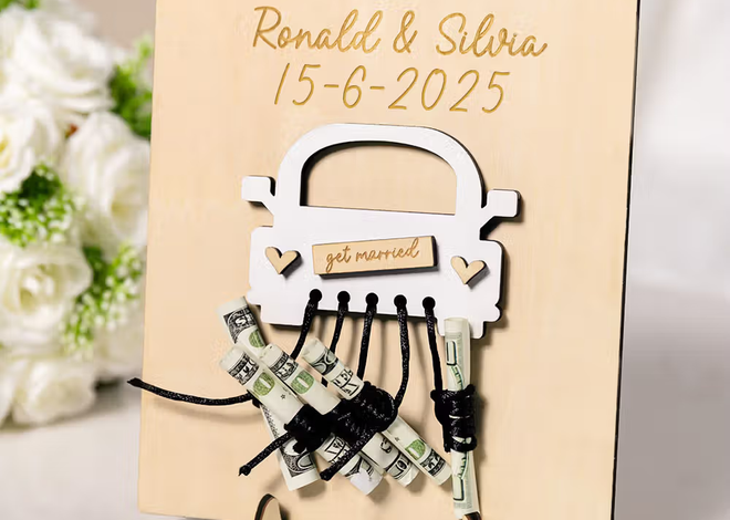 Un detalle único para entregar buenos deseos: Porta dinero de madera personalizado con diseño de coche de boda